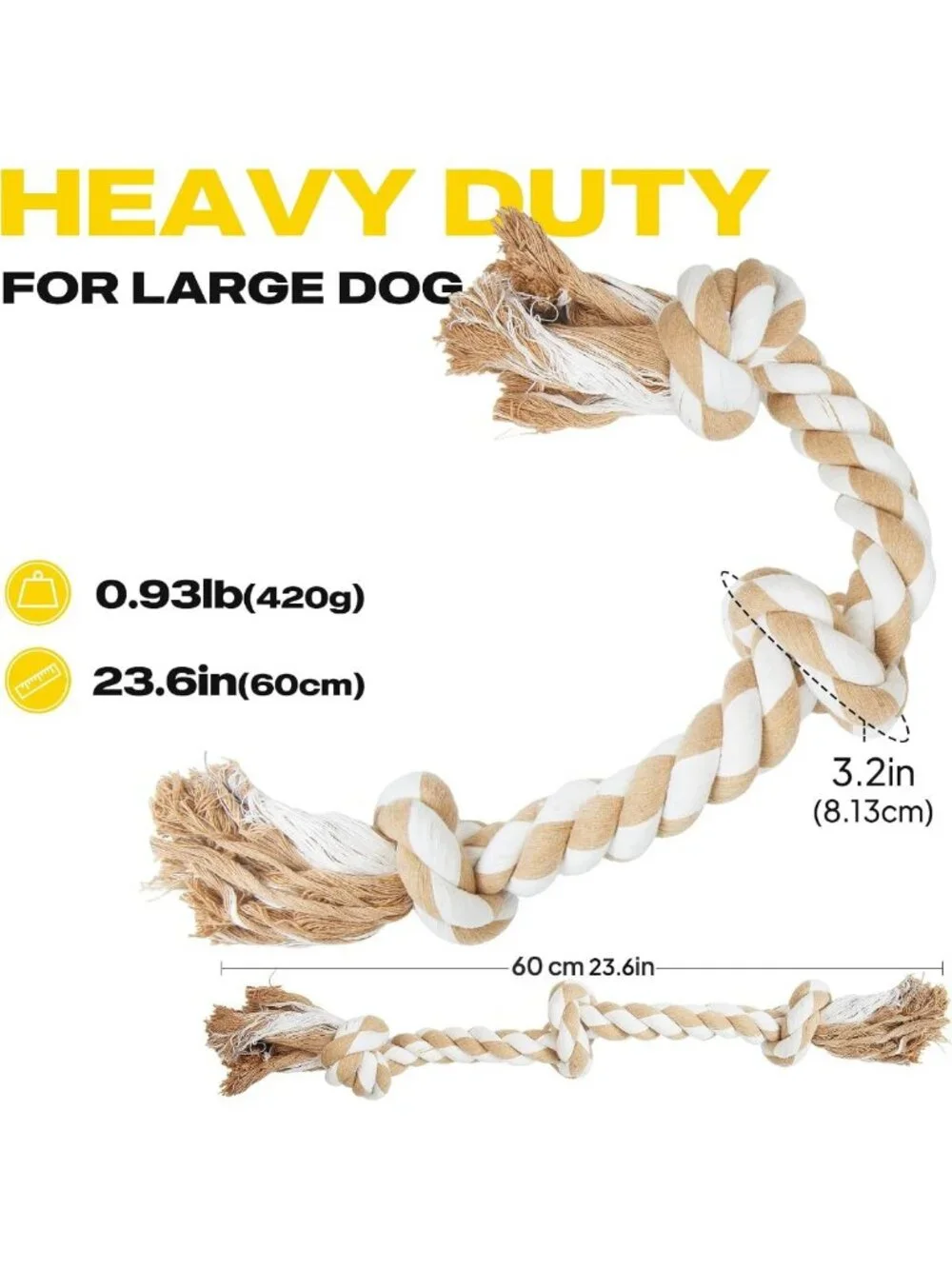 Durable Dog Rope Toy for Large Aggressive Chewers, Natural Cotton 3 Knots